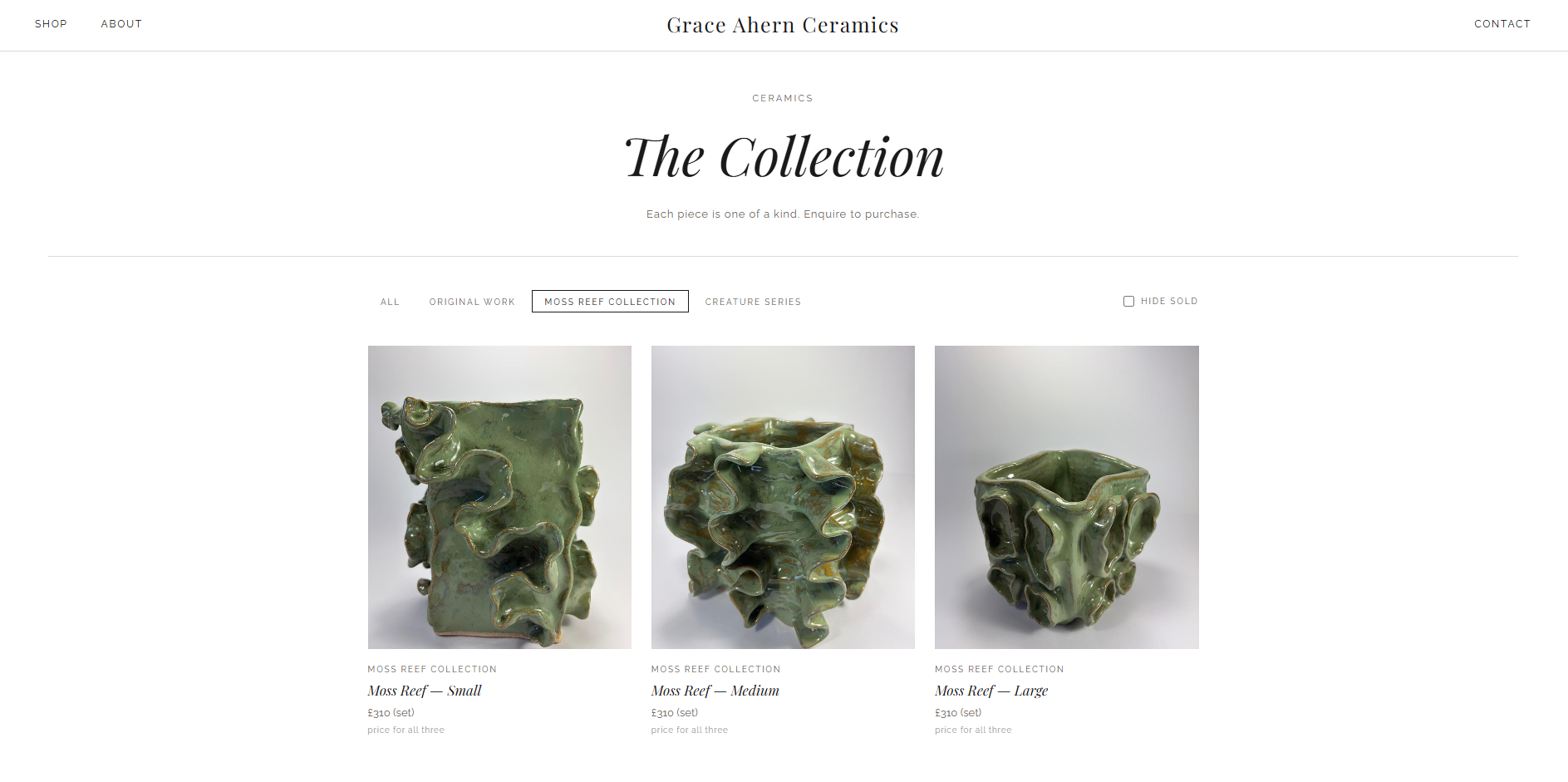 Grace Ahern Ceramics website showing the Moss Reef Collection and three green ceramic vessels.